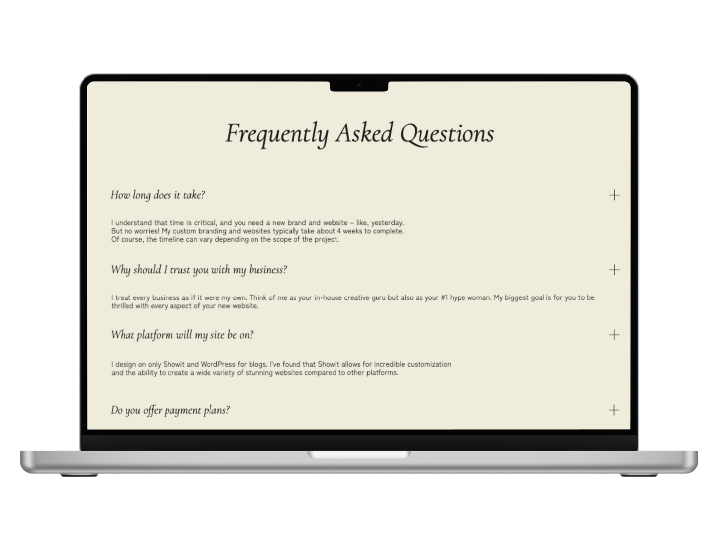 Showit FAQ Dropdown Canvas Template